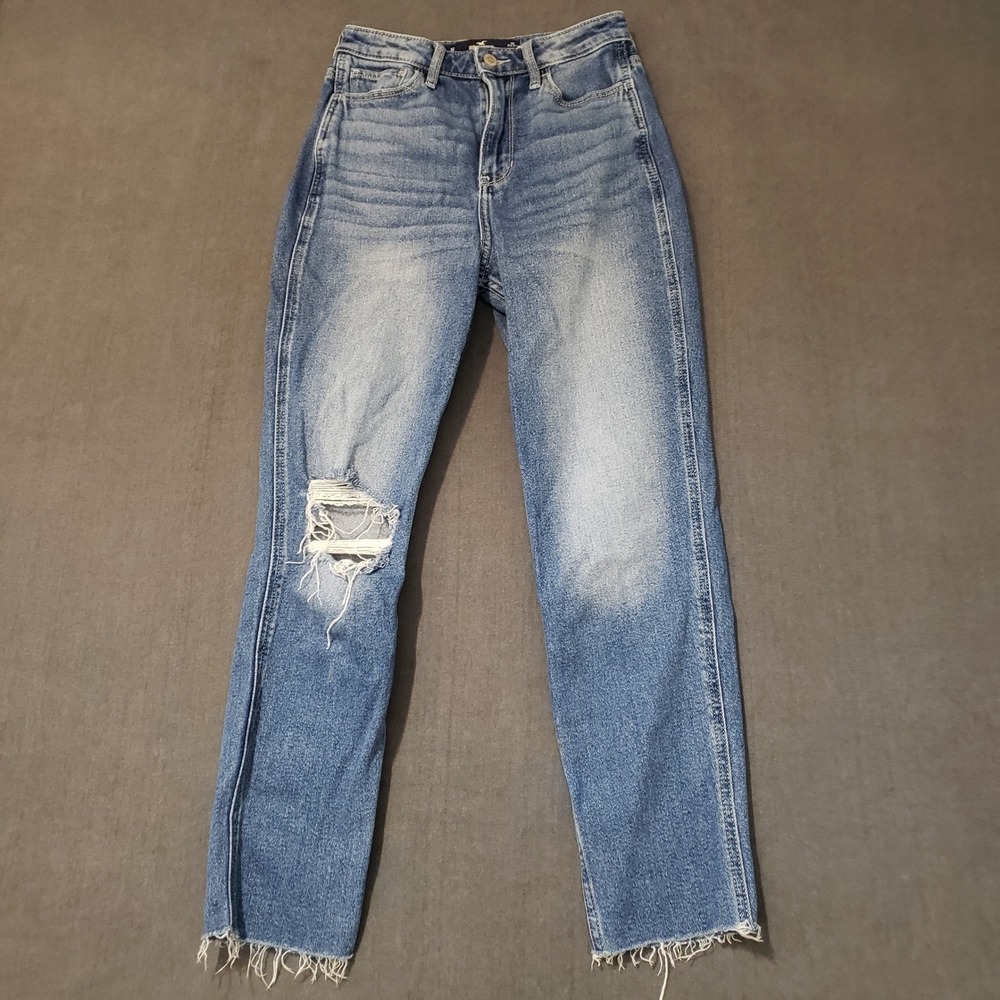 Hollister‎ Mom Jeans Womens 1R Blue Ultra High-Rise Distressed Raw Hem